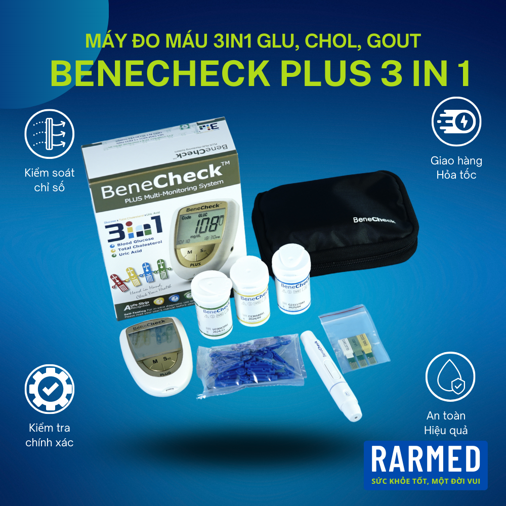 Máy đo đường huyết, mỡ máu, gout đa chức năng Benecheck Plus 3 in 1 + 3