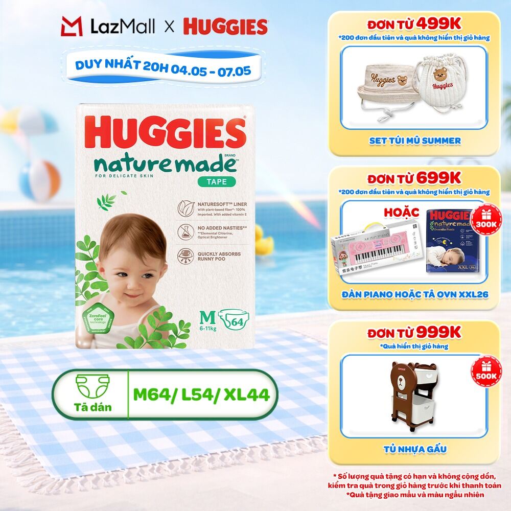 Tã/Bỉm dán Huggies NatureMade M64/L54/XL44