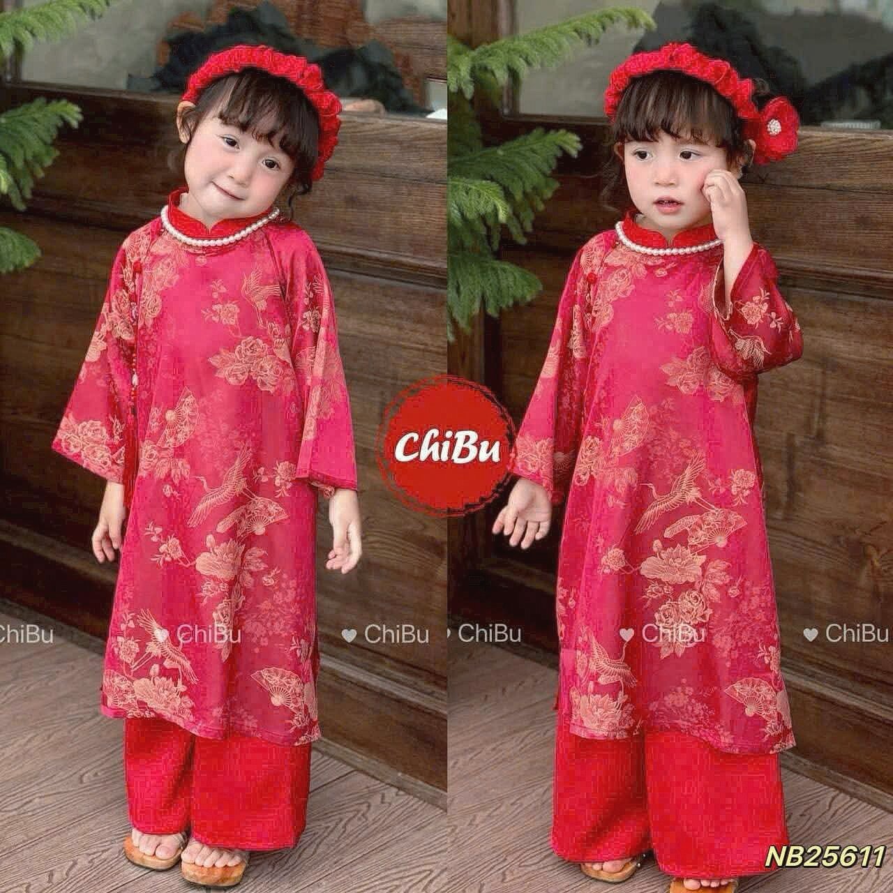 (10-30kg) Áo dài gấm hoa kèm bờm cho bé gái