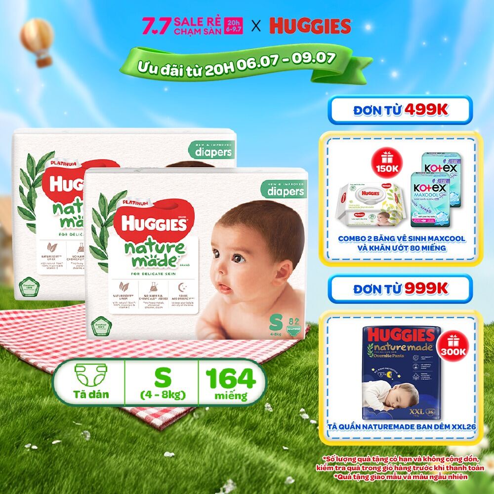 Combo 2 Tã/Bỉm dán sơ sinh Huggies Platinum NatureMade S82 (4-8kg)-Gói Super Jumbo 82 miếng