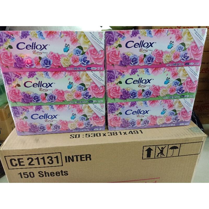 Lốc 3 hộp giấy ăn Cellox hoa hồng 150 tờ. 2 lớp