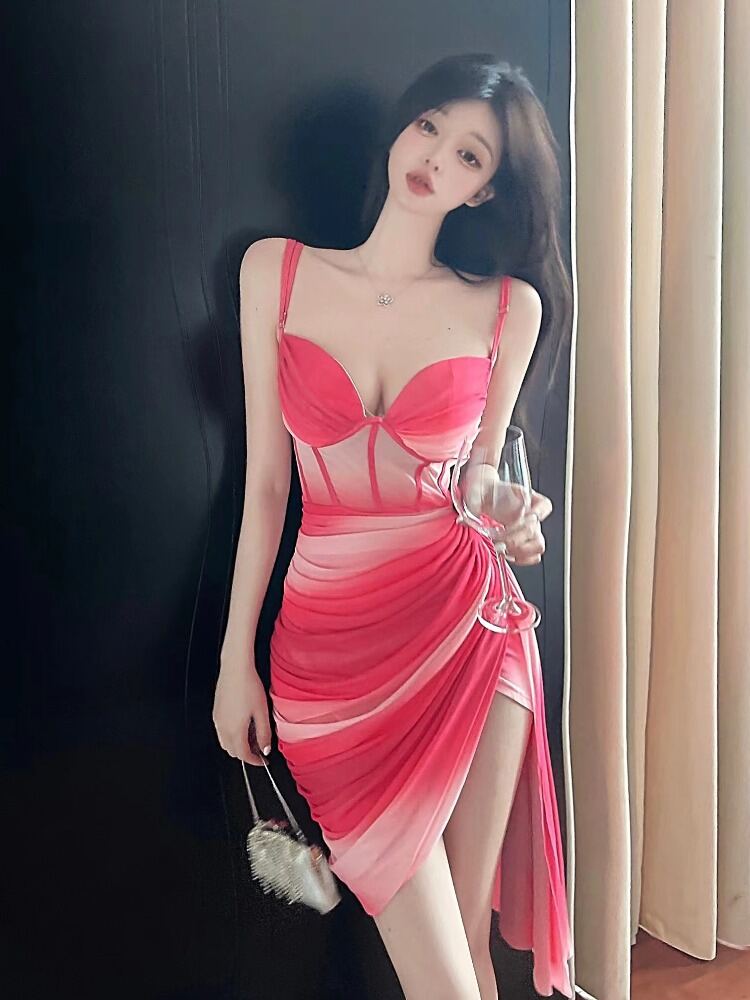 Gợi Cảm Múa Đầy Màu Sắc Hostess Đầm Quần Áo Nhảy Múa Quầy Bar Gợi Cảm Đầm Ngắn Cổ Chữ V Cao Vòng Eo Cộc Tay, Không Tay Bất Đối Xứng Váy