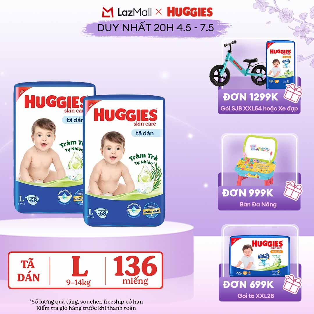 [CHỈ 20h 04-07.05 GIẢM THÊM 90K] Combo 2 Tã dán Huggies Skincare Super Jumbo L68
