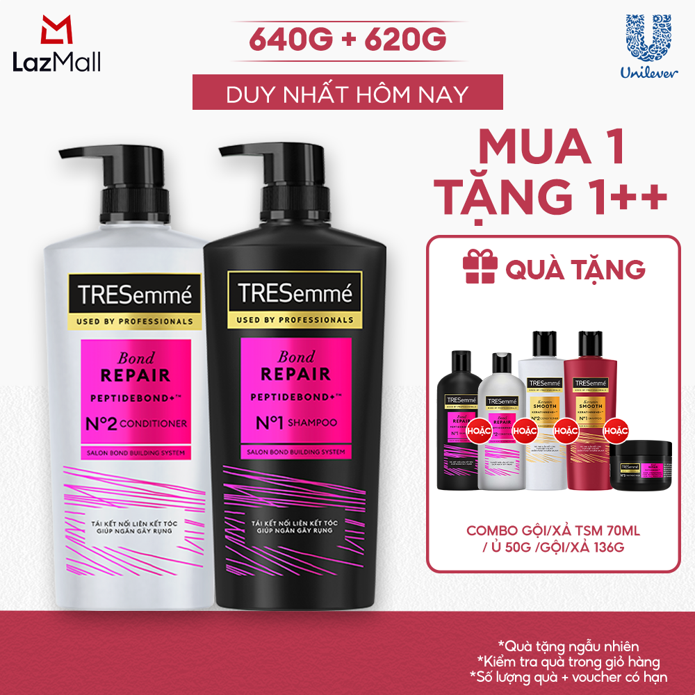 Combo Dầu Gội, Dầu Xả TRESemmé Bond Repair Peptidebond+ 640g, 620g Cho Tóc Hư Tổn Do Tạo Kiểu Giúp Ngăn Gãy Rụng