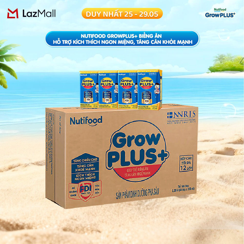 Thùng Sữa Bột Pha Sẵn Nutifood GrowPLUS+ Biếng Ăn 110ml - Hỗ Trợ Kích Thích Ngon Miệng, Tăng Cân Khỏe Mạnh - Trên 2 Tuổi (48 Hộp x 110ml)
