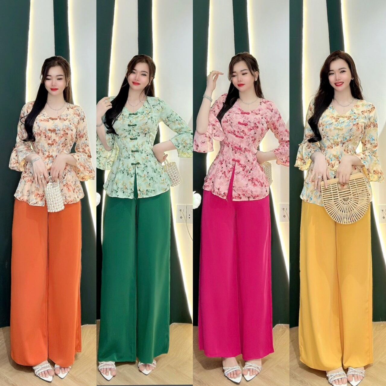 Bộ bà ba cổ tim tay loe chất lụa mango loại 1