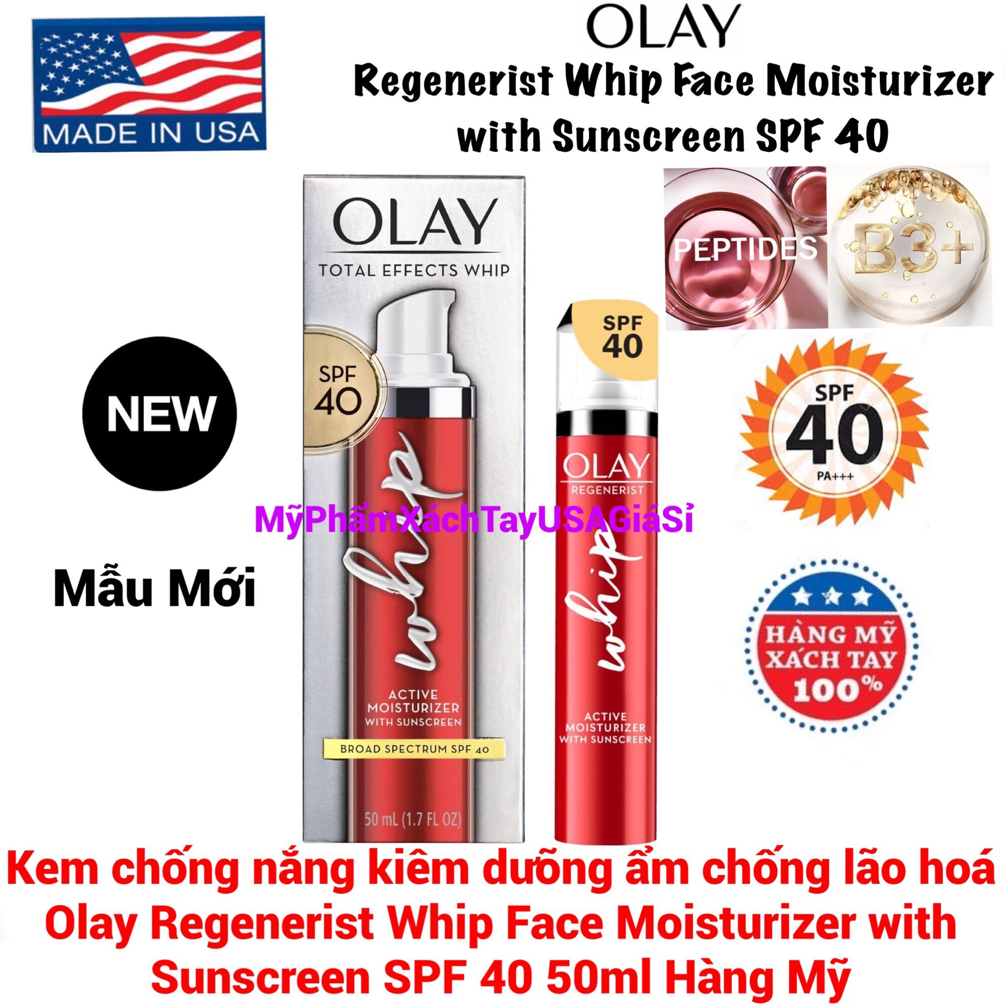 Kem chống nắng kiêm dưỡng ẩm chống lão hoá Olay Regenerist Whip Active Moisturizer With Sunscreen SPF40 50ml USA