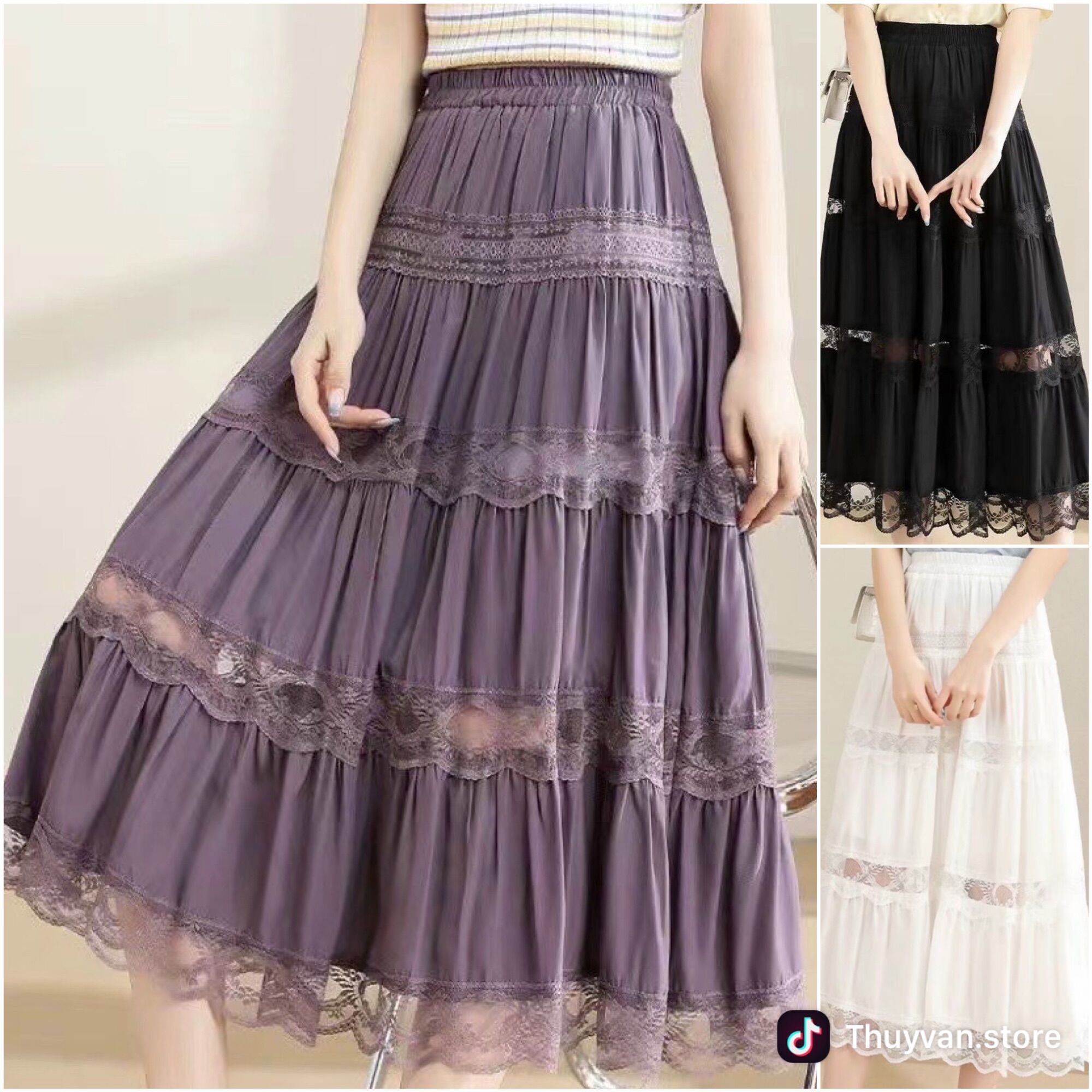 Chân váy xoè lụa phối ren cực xinh có lót trong