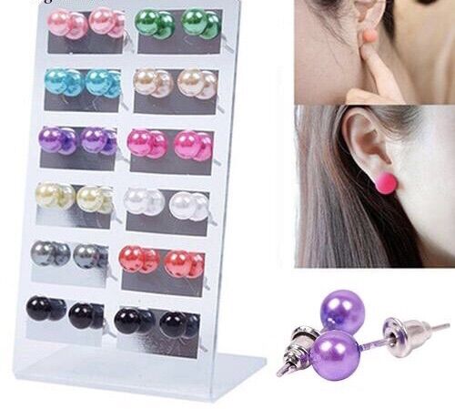 Vỉ _ 12 Đôi Bông Tai Ngọc Nhiều màu (Đường Kính 8mm)