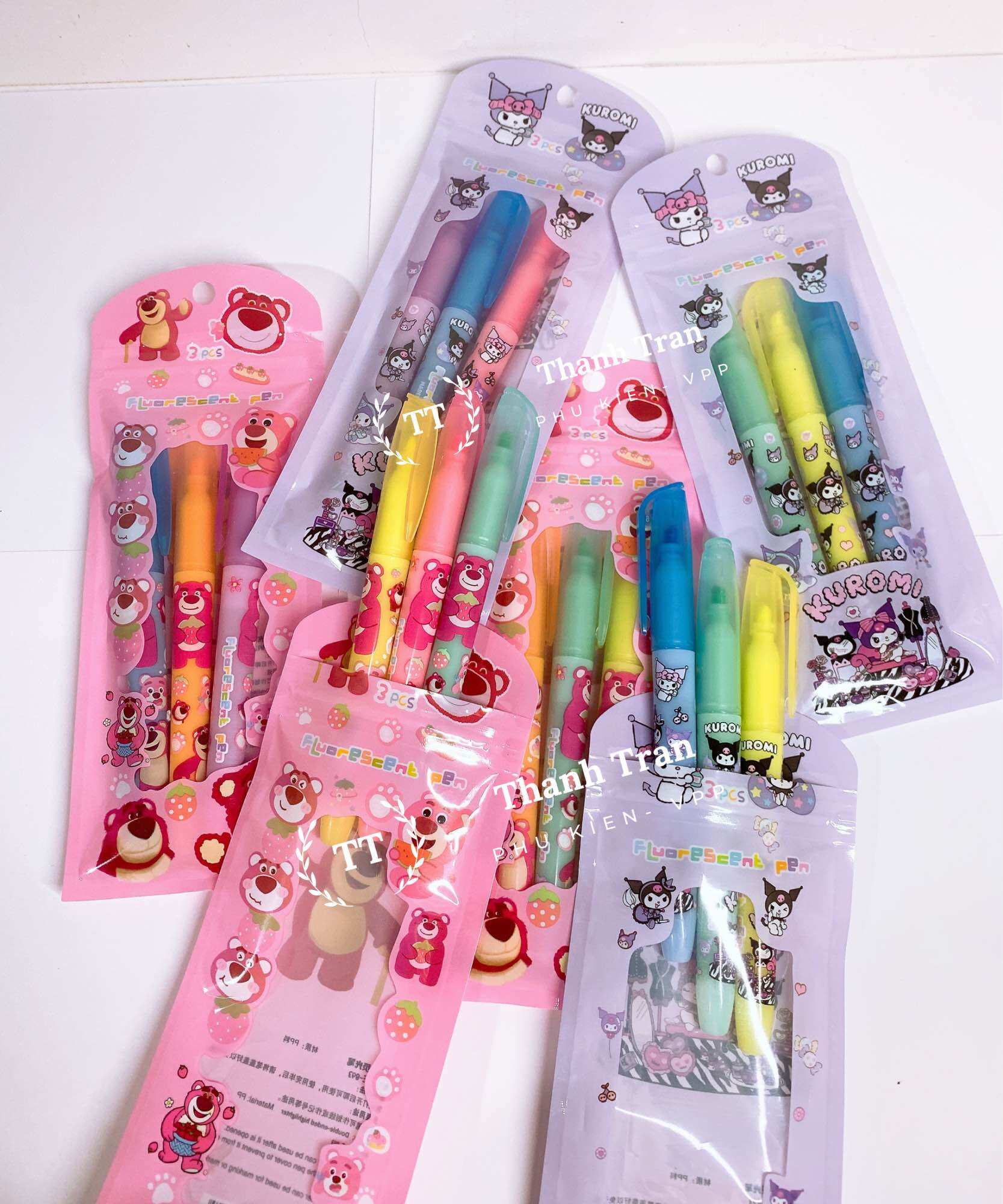 Vỉ 3 cây bút dạ quang highlight hình gấu dâu lotso, kuromi