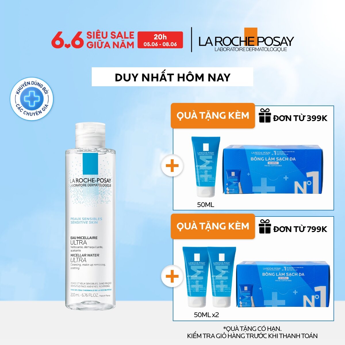 Nước tẩy trang và làm sạch sâu cho da nhạy cảm La Roche-Posay Micellar Water Ultra Sensitive Skin 200ml