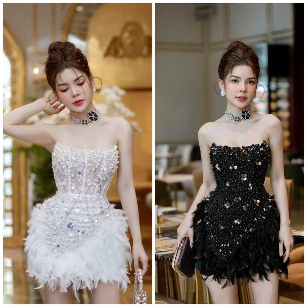 Đầm body cúp phối lông đính ngọc siêu sang chảnh