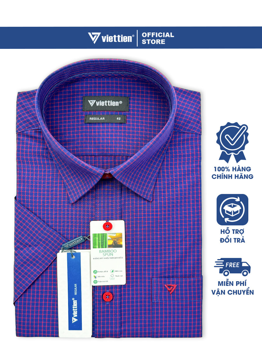 VIỆT TIẾN SALE - Áo Sơ Mi Viettien Tay Ngắn Màu Caro Xanh Navy - Đỏ Form Regular Lai Ngang Quà Tặng 