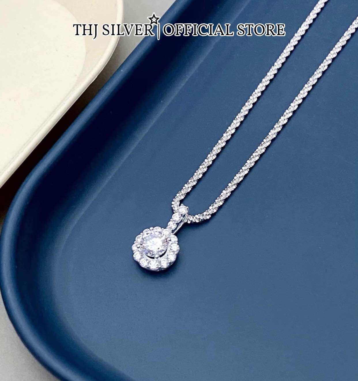 Dây chuyền nữ thj - dây xù mặt hoa đá sáng đẹp chuẩn bạc ta- thu huong silver