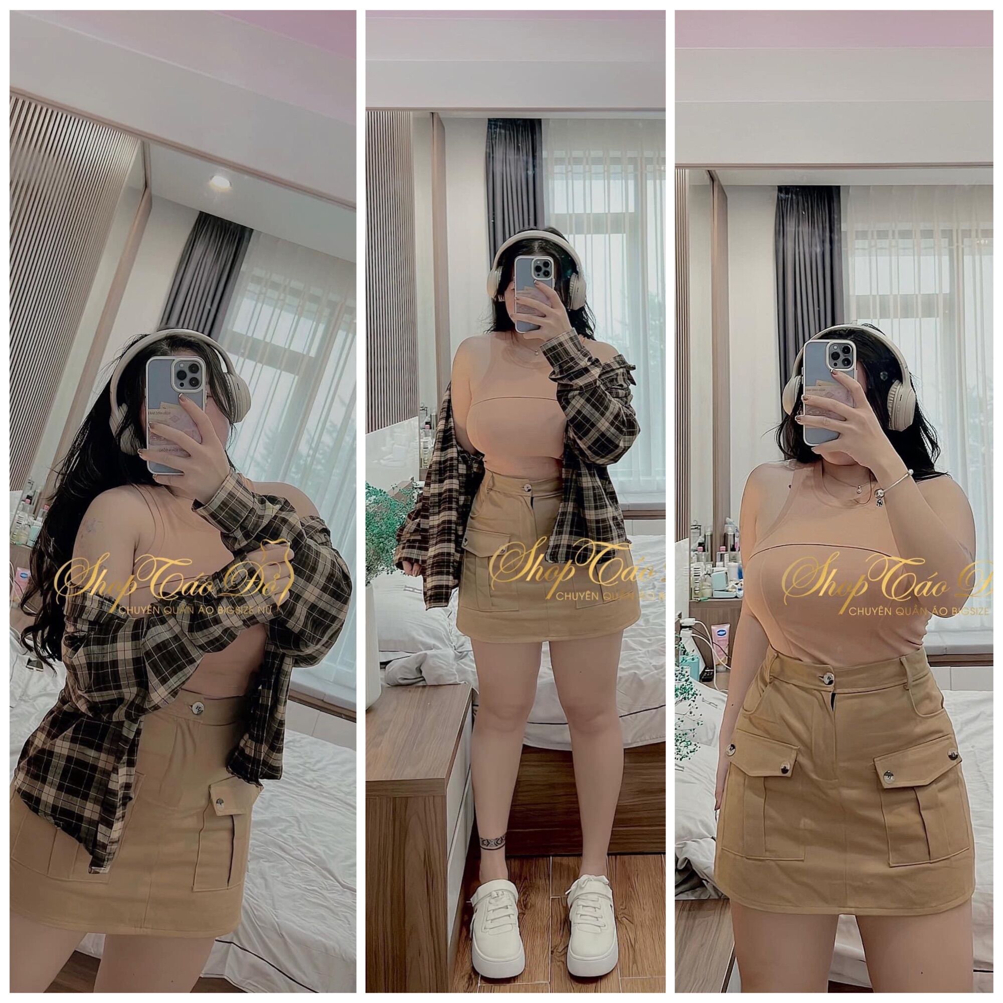 Set áo sơ mi sọc caro áo thun và chân váy cá tính - shop táo đỏ bigsize
