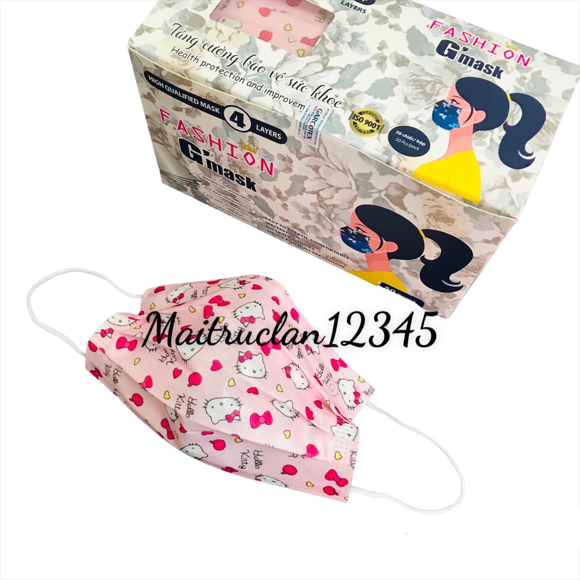 (Mèo Hello Kitty) Khẩu trang người lớn GARCOTEX fashion hoạ tiết mèo hồng Hello kitty 1 hộp 50 cái 4 lớp dày đẹp