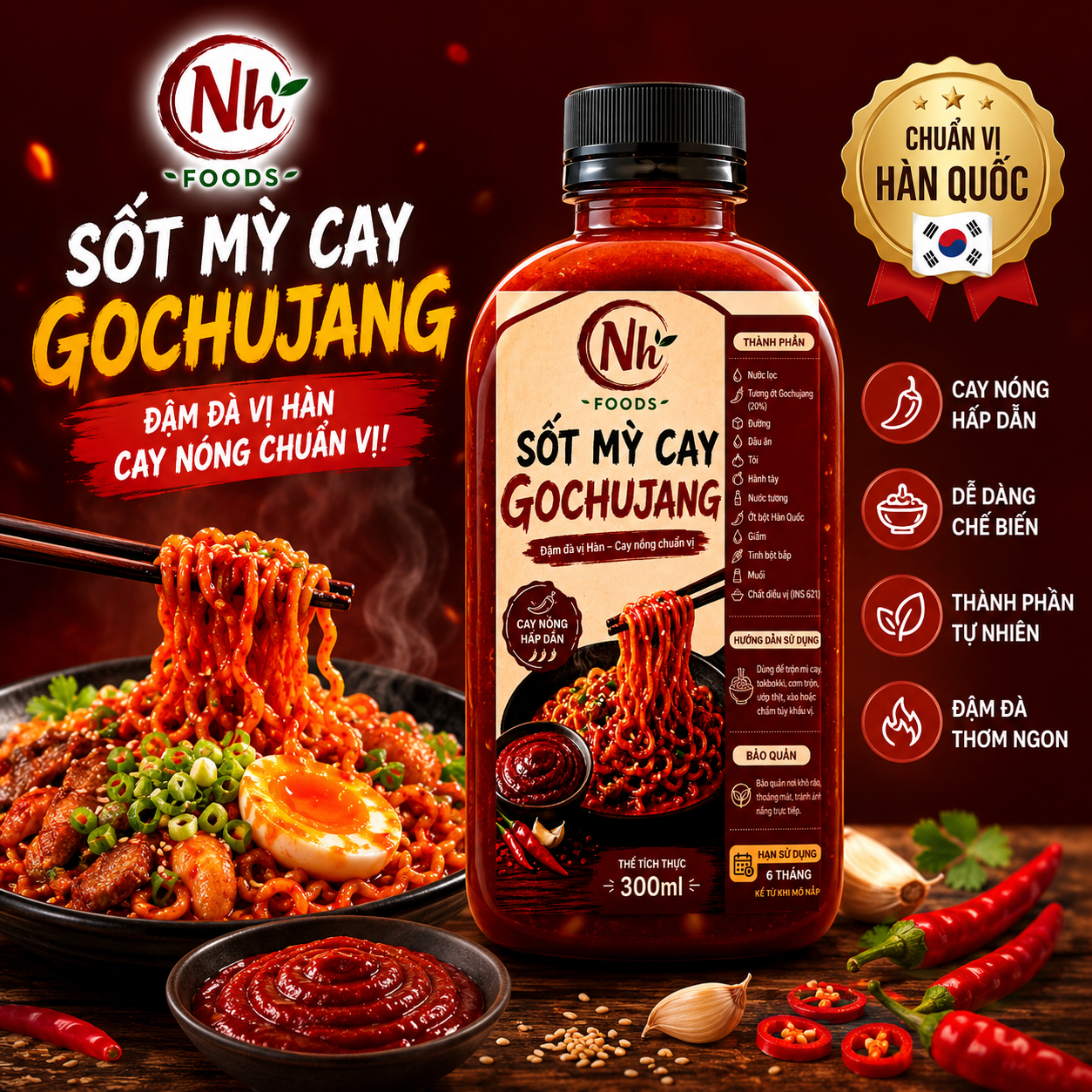 Sốt Mỳ Trộn Cay Gochujang Nh Foods, Dùng Mỳ Cay Hoặc Tokbokki, sốt cay chuẩn vị Hàn Quốc
