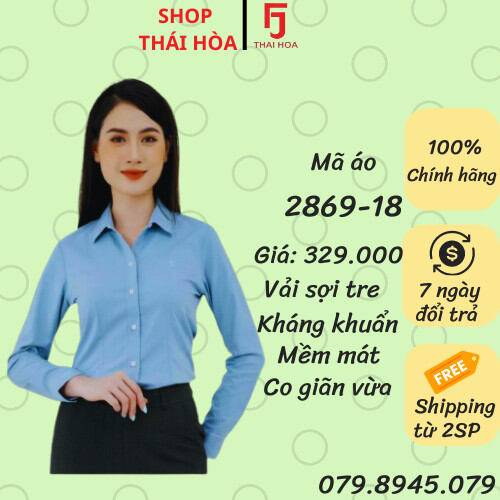Áo Thái Hoà vải sợi tre mềm mịn màu xanh cực đẹp 2869