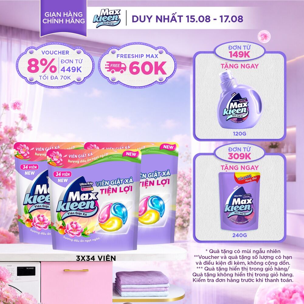 Combo 3 Túi Viên Giặt Xả MaxKleen Hương Huyền Diệu (34 viên/túi)