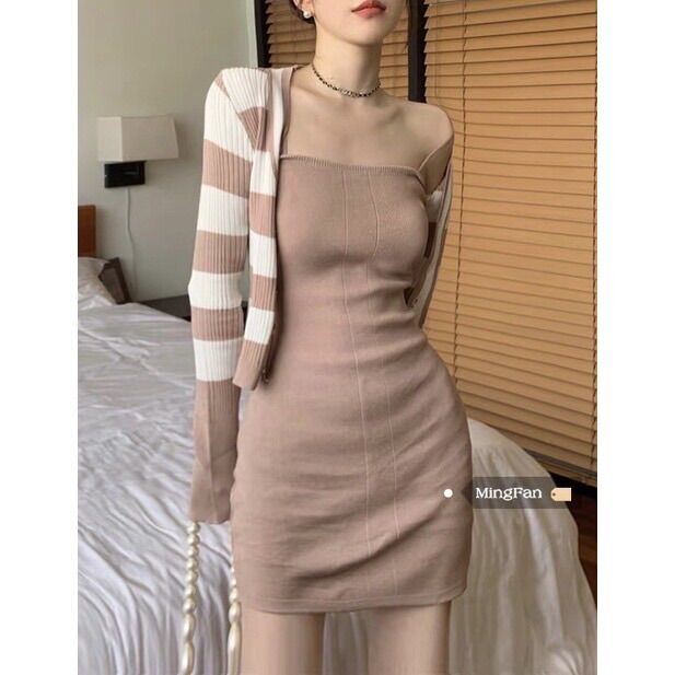 Set váy len body 2 dây nữ mix áo khoác len cadigan kẻ sọc ngang QC