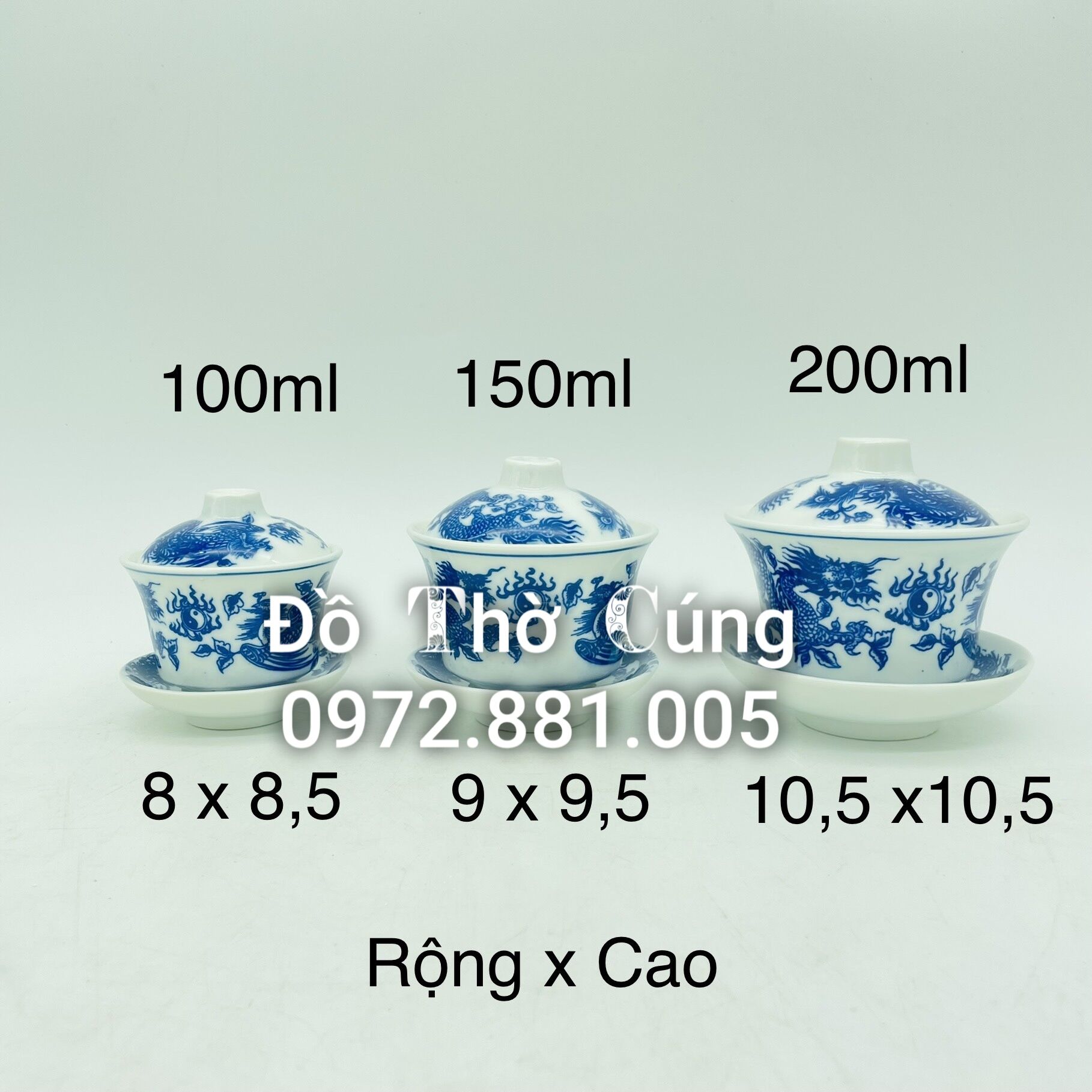 Bát trà sâm vẽ rồng phượng men lam