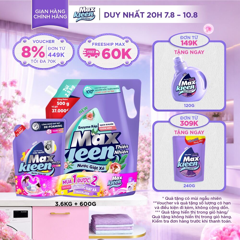 Combo Nước giặt xả MaxKleen Hương Thiên Nhiên Vườn Hoa Thanh Khiết: 1 Túi 3.6kg + 1 Túi 600g