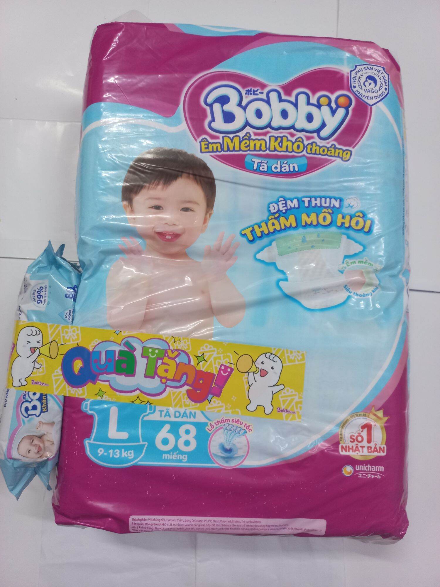 Tã dán bobby l68 miếng tặng 6 miếng tã quần