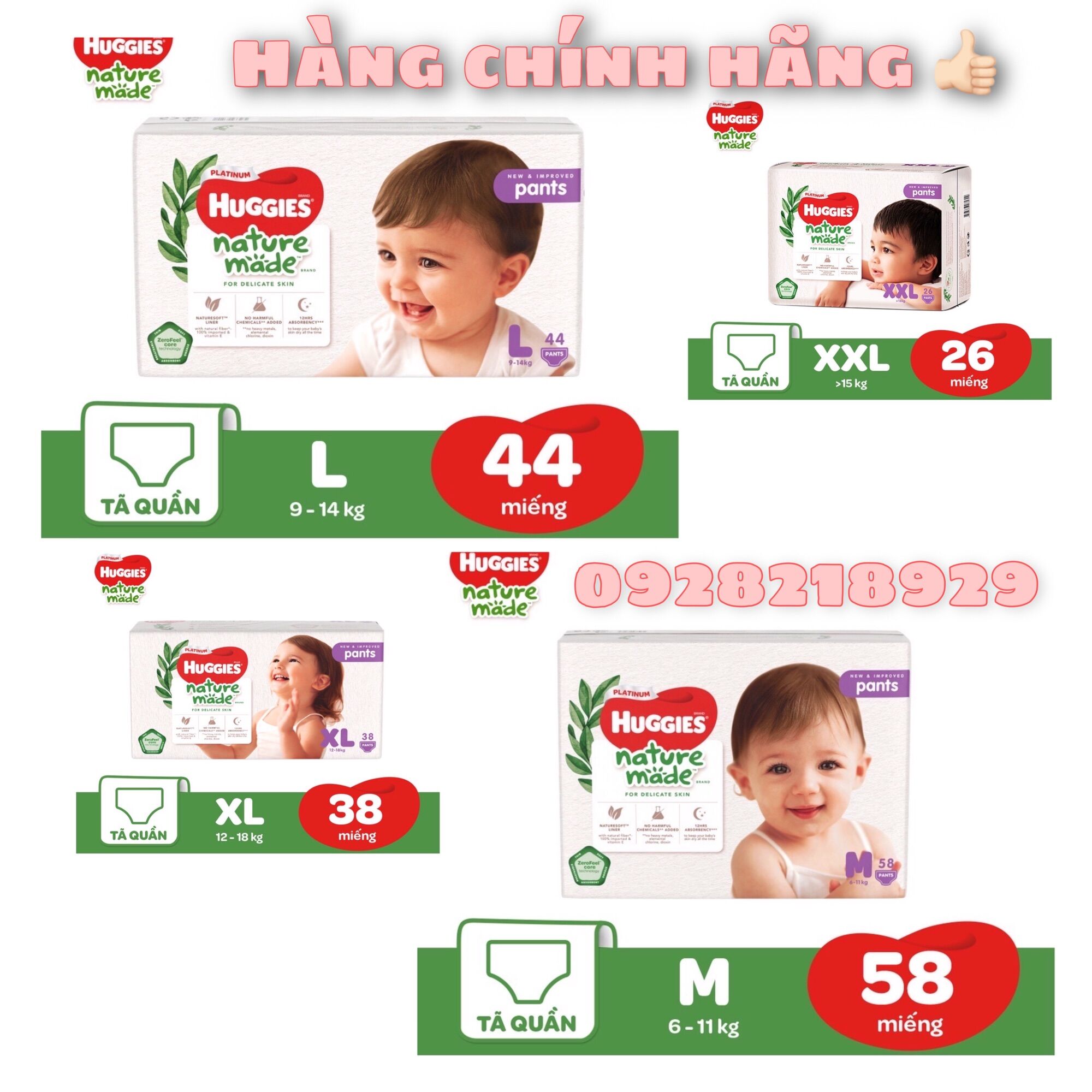 Tã quần huggies platinum nature made m58/l44/xl38