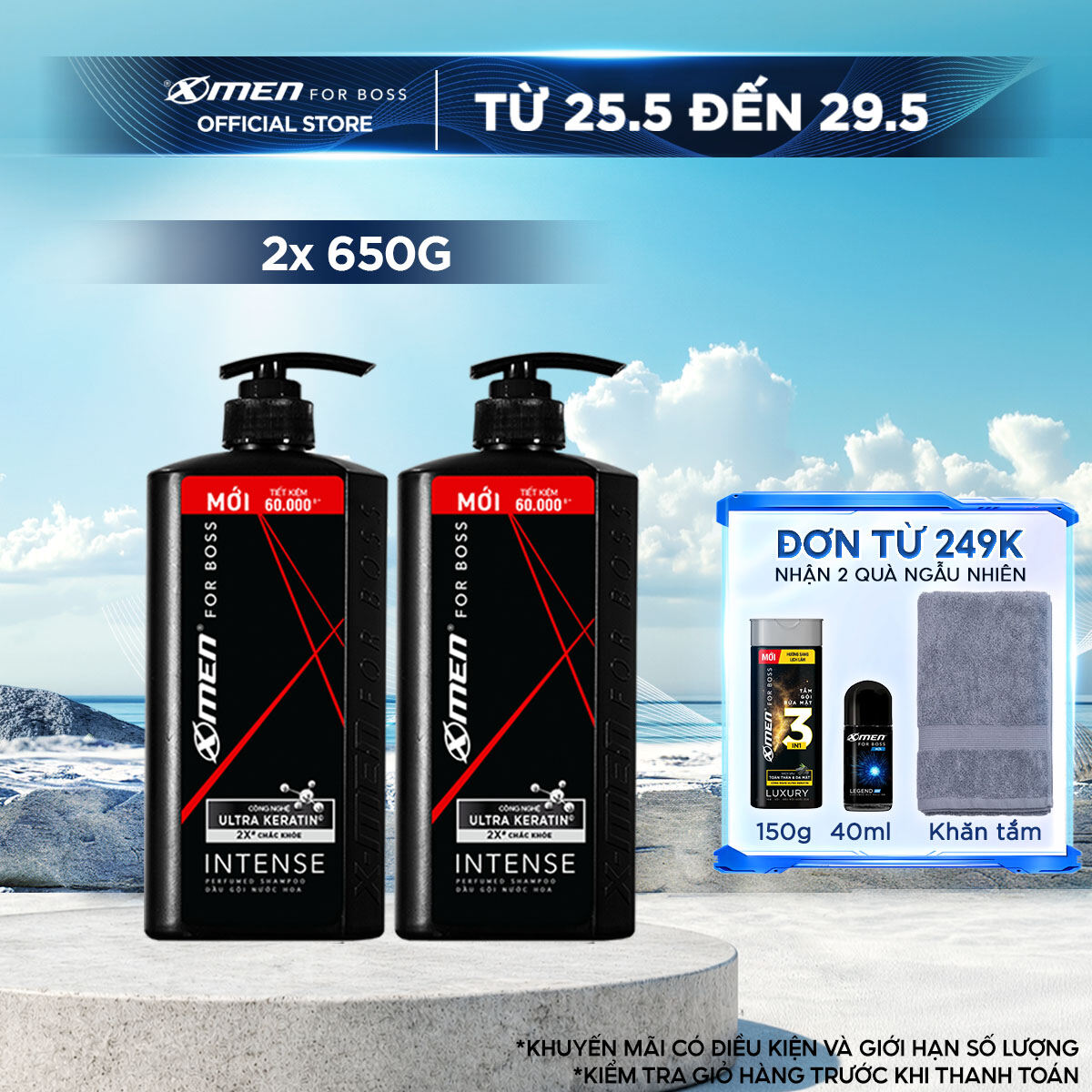 Combo 2 Dầu gội X-Men for Boss hương trầm đầy nội lực Intense với Ultra Keratin© mới 650g