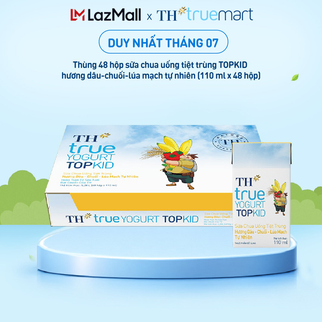 Thùng sữa chua uống tiệt trùng TH TOPKID hương dâu-chuối-lúa mạch tự nhiên 110ml x 48 hộp