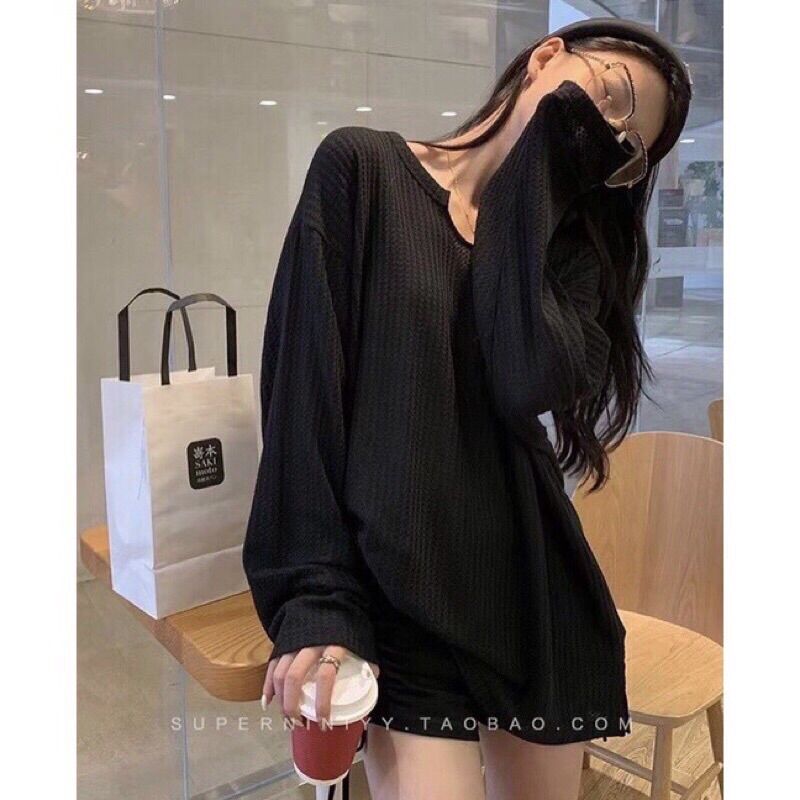 Áo pull dài tay cổ U form rộng oversize Ulzzang - Áo len mỏng dài tay cổ khoét U trơn basic (Ảnh thật/Sẵn)