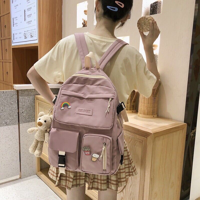 (Tặng gấu & sticker) Balo ulzzang chống nước Hàn Quốc vải đẹp