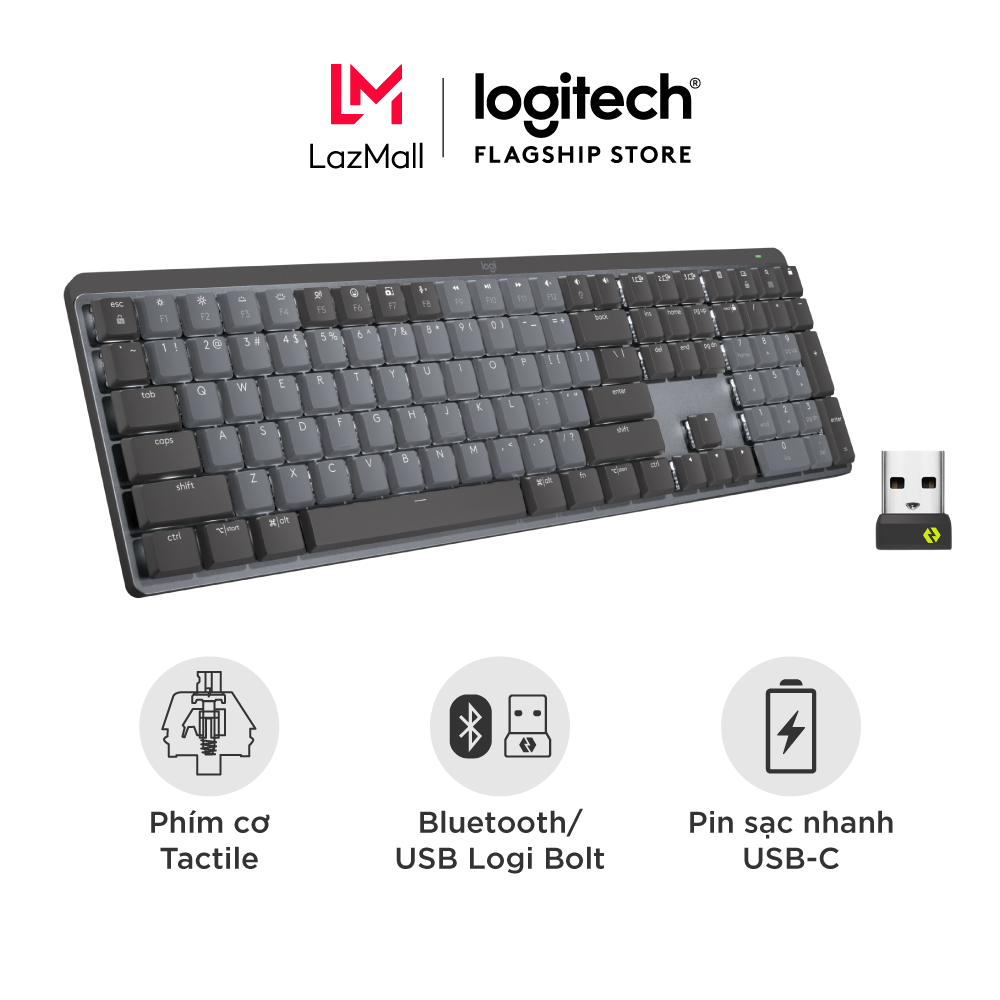 Bàn phím cơ không dây Logitech MX Mechanical – Tactile yên tĩnh được chiếu sáng nền, Bluetooth, pin sạc USB-C, macOS| Windows