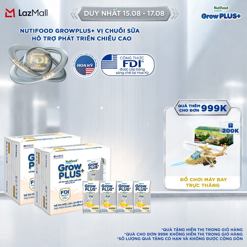 Combo 2 Thùng 24 hộp Sữa bột pha sẵn Nutifood Sweden GrowPLUS+ Vị Chuối Sữa hộp 110ml - Hỗ trợ phát triển chiều cao