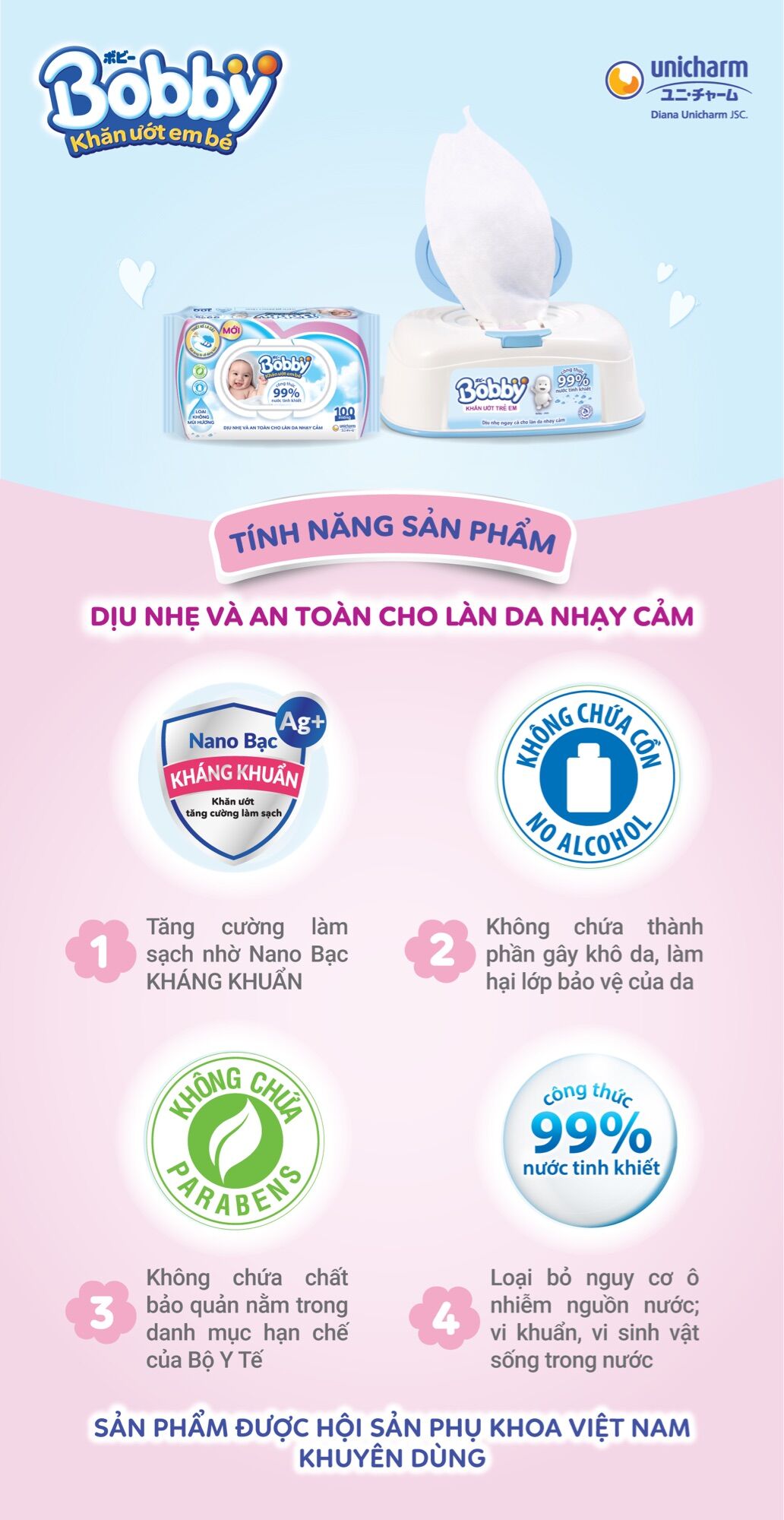 Khăn ướt không mùi Nano bạc Bobby (gói 100 tờ)