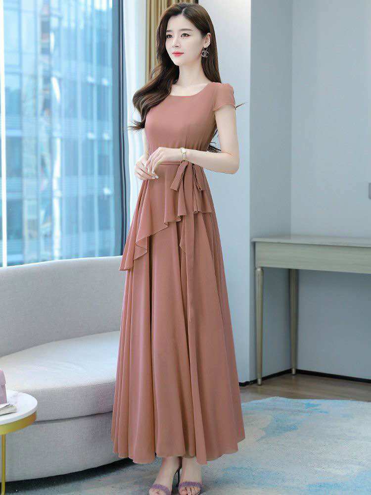 ĐẦM XOÈ THẮT DÂY EO, ĐẦM MAXI ĐI BIỂN CỔ TRÒN