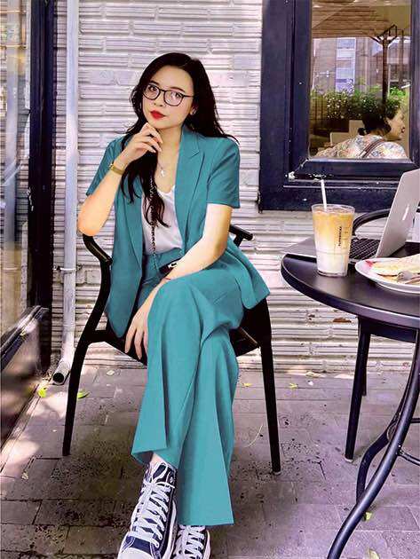 Set blazer áo khoác vest cộc tay quần ống suông