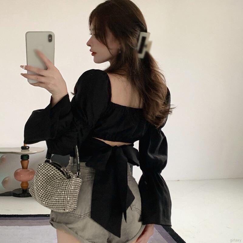 Áo croptop cột eo tay phồng chất voan mịn tiểu thư siêu hot