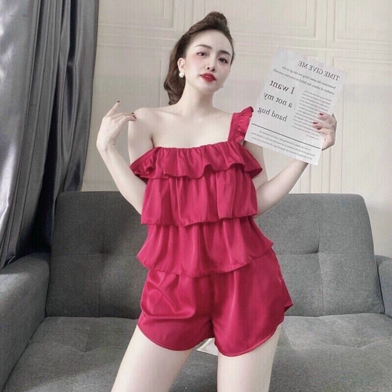 Bộ ngủ nữ áo 3 tầng tay bèo chất lụa satin