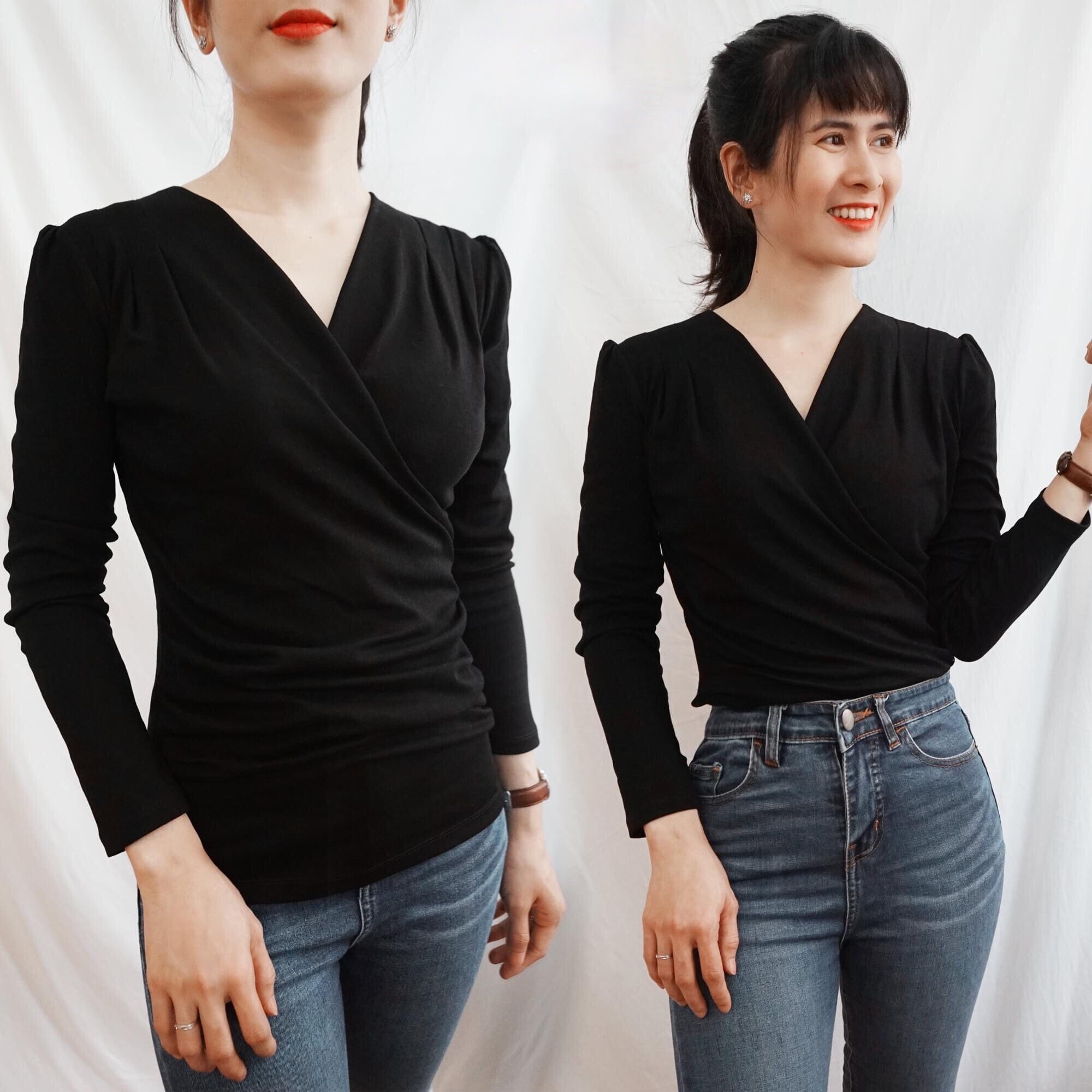 F1016 áo thun tay dài tà đắp chéo