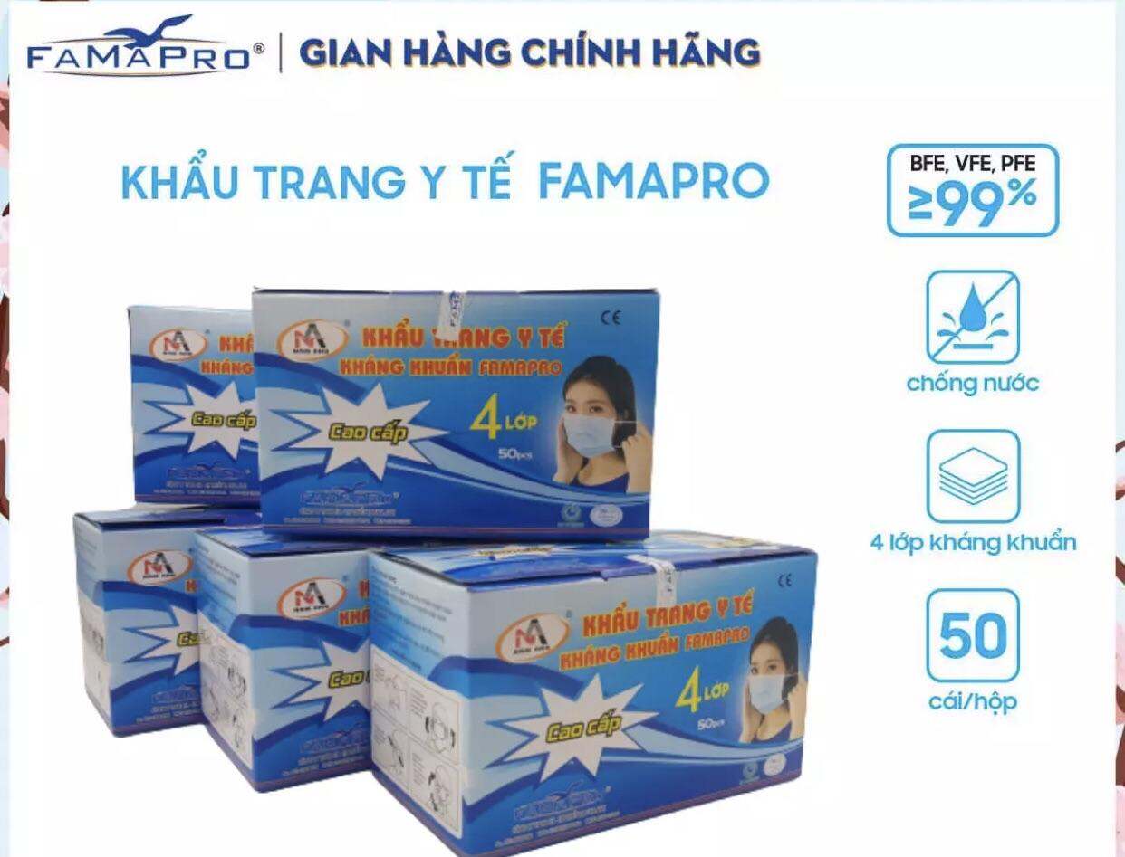 SỈ 1 THÙNG (50 hộp) KHẨU TRANG Y TẾ 4 LỚP FAMAPRO KHÁNG KHUẨN