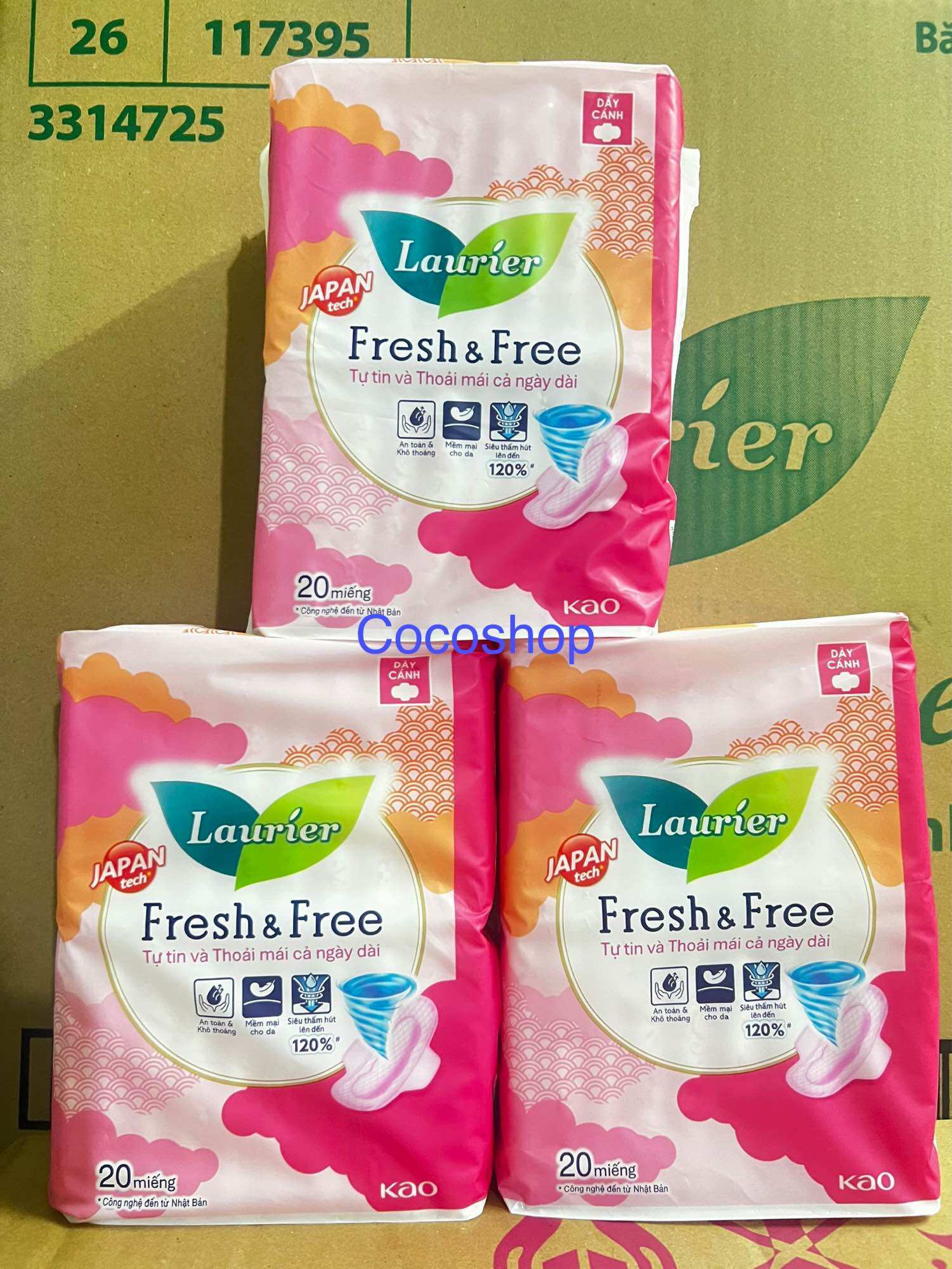 [ COMBO 3 GÓI] BĂNG VỆ SINH LAURIER FRESH &FREE  DÀY CÁNH 22CM 20 MIẾNG