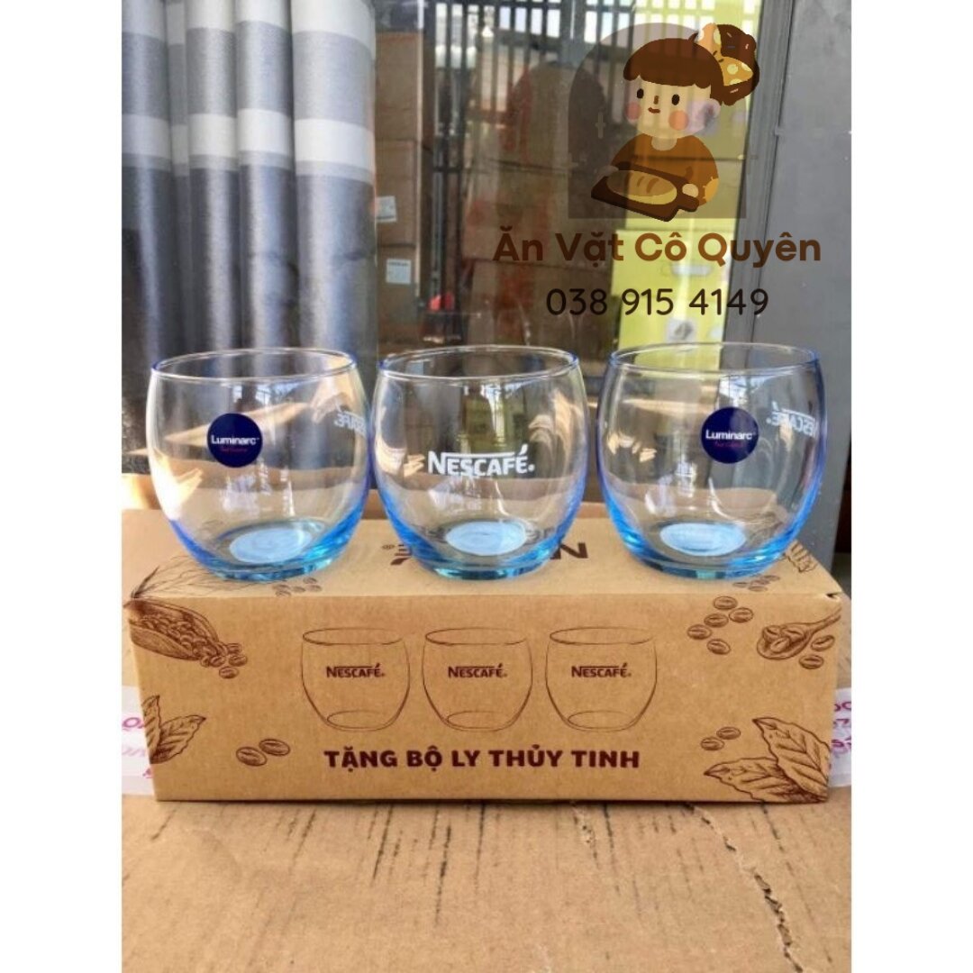 Bộ 3 ly thủy tinh luminarc nescafe, bộ ly thủy tinh nescafe, hộp 3 ly luminarc, ly thủy tinh bầu luminarc đáy xanh. Hàng xịn giá rẻ, hàng chính hãng.