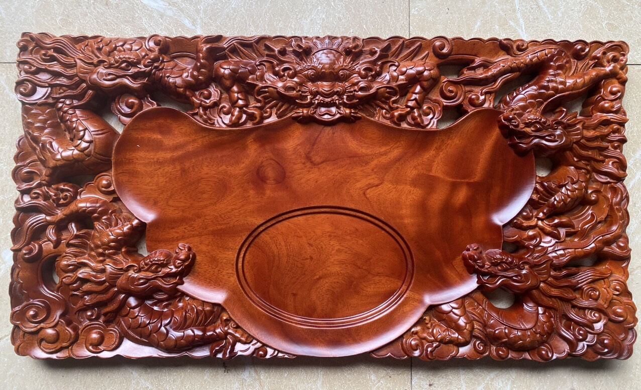 Khay trà ngũ long kt 65cmx35cmx4cm gỗ nguyên khối