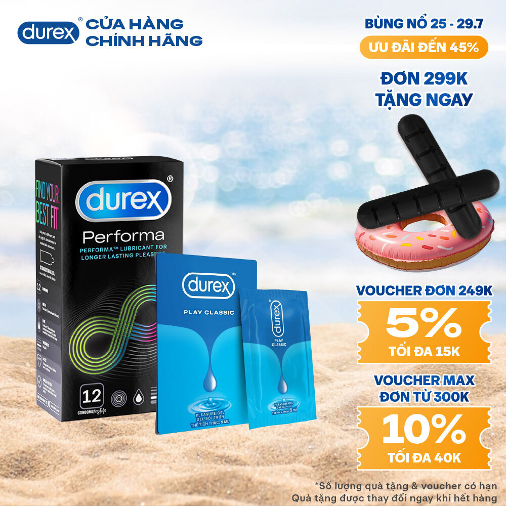 [25-29.7 - Voucher đến 30K] Combo Bao cao su Durex Performa kéo dài thời gian, size 52mm, hộp 12 bao + Gel Classic Dạng Gói 5ml
