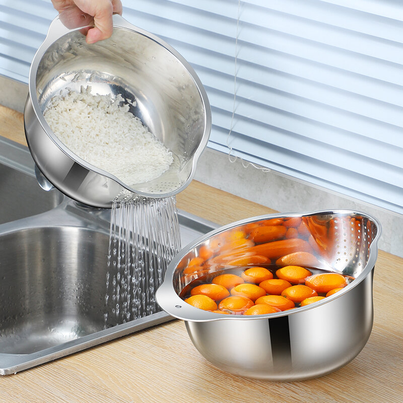 Rổ vo gạo inox dày dùng trong gia đình rổ vo gạo đa năng rổ vo trái cây nước rửa rau dụng cụ thoát nước rổ vo nước