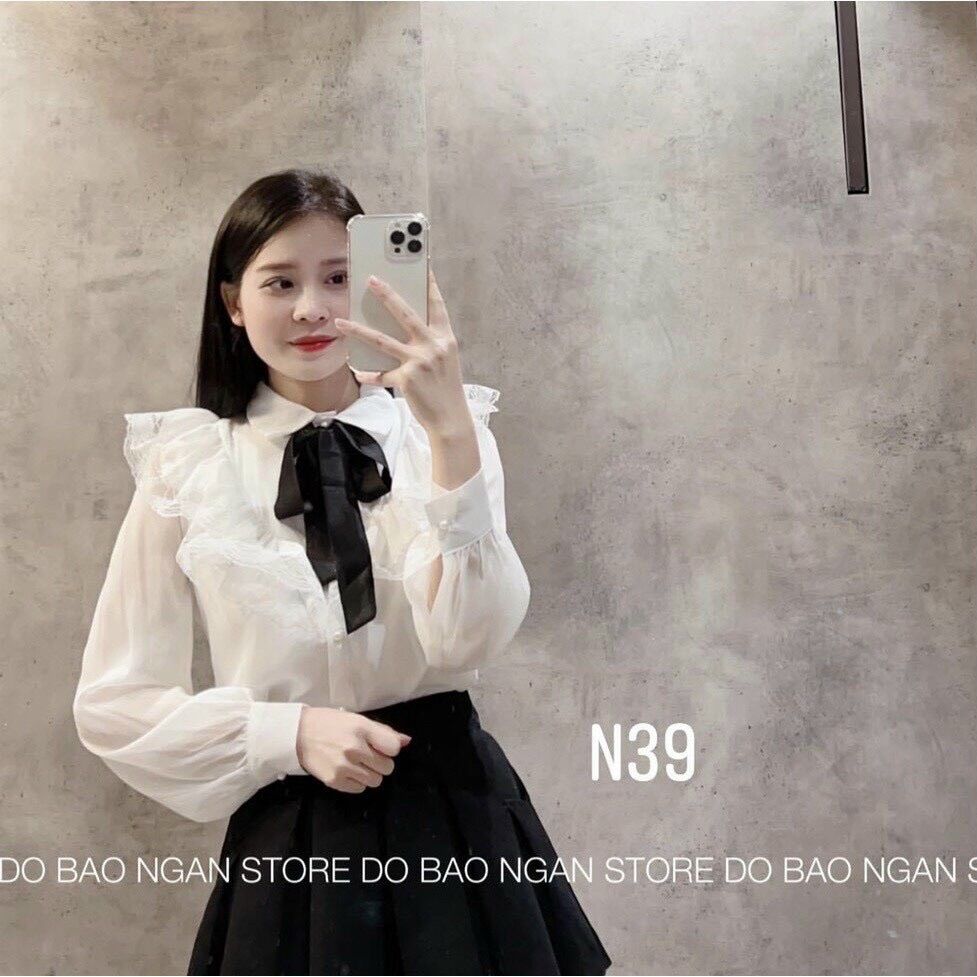 Áo sơ mi nữ cột nơ viền bèo