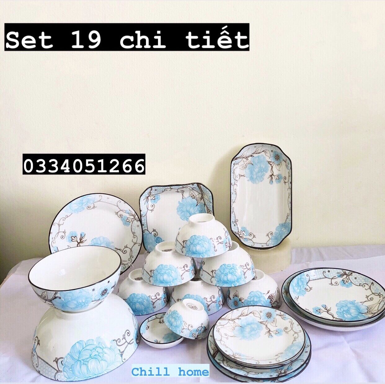 Bộ bát đĩa sứ bát tràng,set chén dia 19 chi tiết sứ cao cấp,Bộ dĩa decor bàn ăn họa tiết kẻ Mã 222