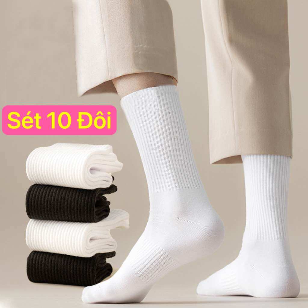 Sét 10 đôi tất nam nữ cổ cao phong cách thời trang trắng , đen