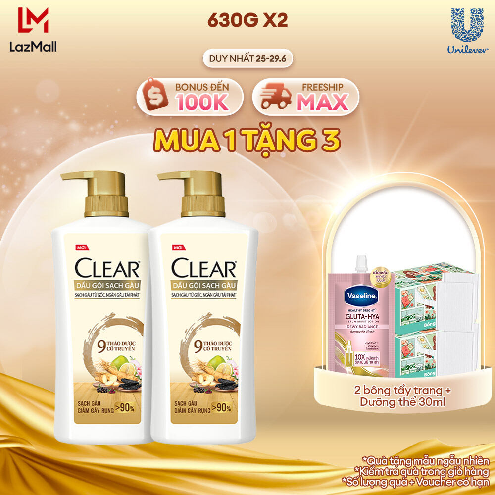 Combo 2 Dầu Gội CLEAR 9 Thảo Dược Cổ Truyền Sạch Gàu Giảm Gãy Rụng 630G